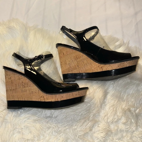 Franco Sarto Safari Black Patent Heels Peep Toe 9.5M Cork Wedges Slingback - Picture 5 of 8